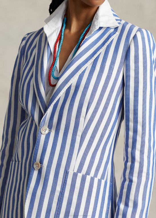 blå/hvid markisestribe Kvinder Ralph Lauren stribet bomuld-hør dobby blazer Z426B3086