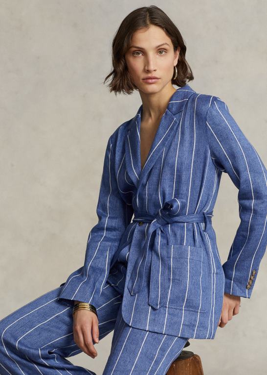 blå/hvid stribe Kvinder Ralph Lauren stribet blazer i hør-bomuld med bælte Z426B3089