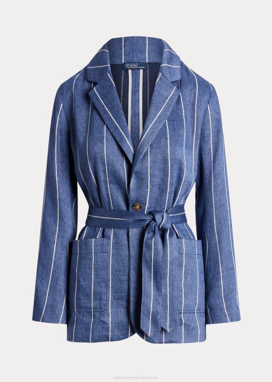blå/hvid stribe Kvinder Ralph Lauren stribet blazer i hør-bomuld med bælte Z426B3089