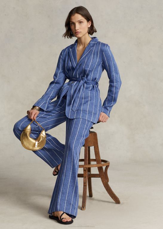 blå/hvid stribe Kvinder Ralph Lauren stribet blazer i hør-bomuld med bælte Z426B3089