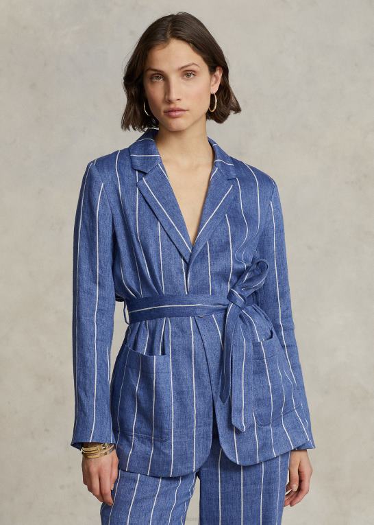 blå/hvid stribe Kvinder Ralph Lauren stribet blazer i hør-bomuld med bælte Z426B3089