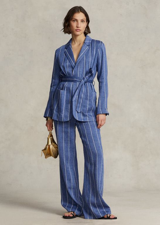 blå/hvid stribe Kvinder Ralph Lauren stribet blazer i hør-bomuld med bælte Z426B3089