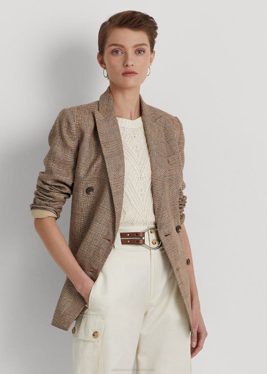 brun/cremefarvet multi Kvinder Ralph Lauren glen plaid dobbeltradet blazer i hør Z426B4095