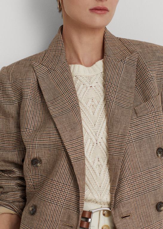 brun/cremefarvet multi Kvinder Ralph Lauren glen plaid dobbeltradet blazer i hør Z426B4401
