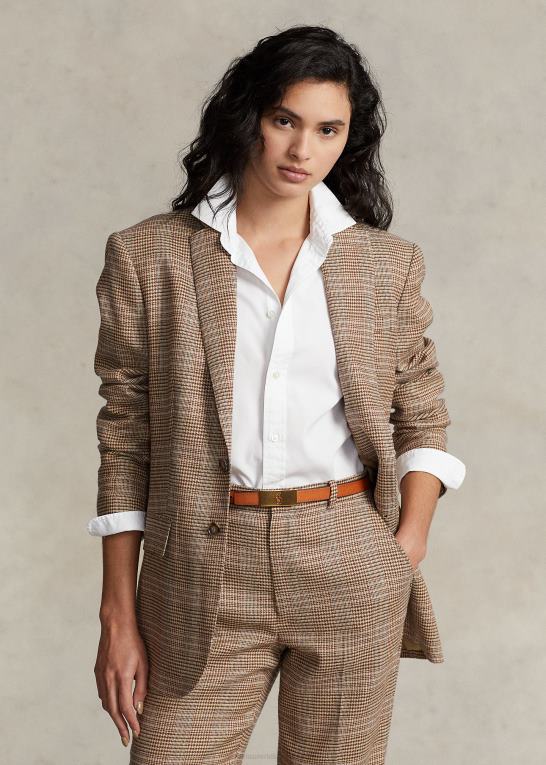 brun pink plaid Kvinder Ralph Lauren plaid uld-hør tweed blazer Z426B9193