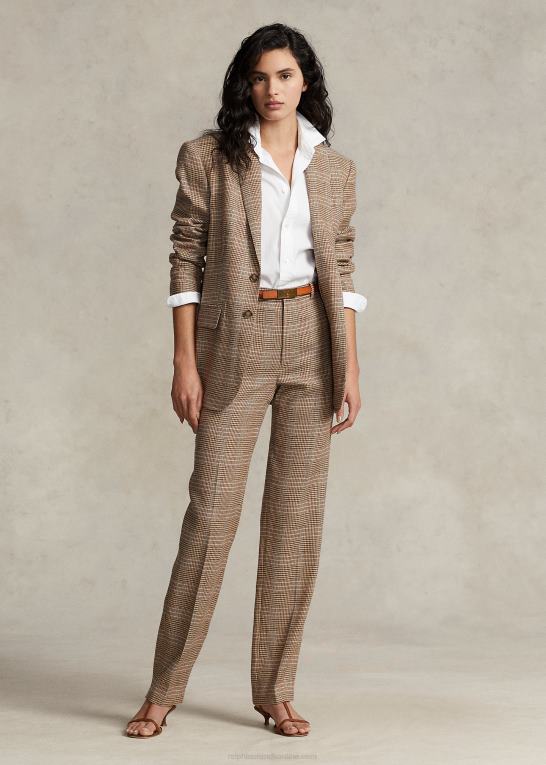 brun pink plaid Kvinder Ralph Lauren plaid uld-hør tweed blazer Z426B9193