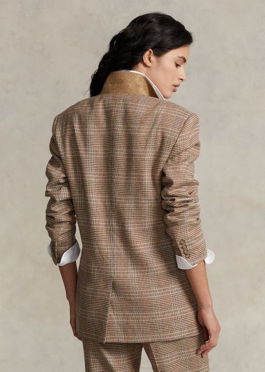 brun pink plaid Kvinder Ralph Lauren plaid uld-hør tweed blazer Z426B9193