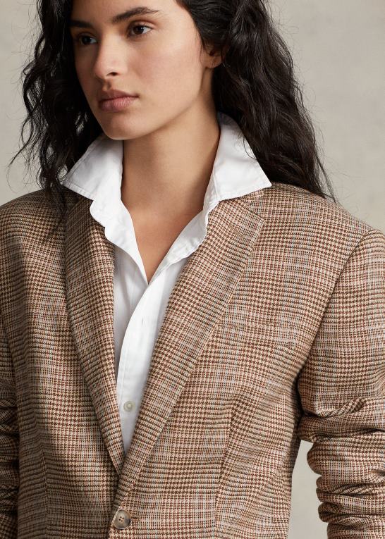 brun pink plaid Kvinder Ralph Lauren plaid uld-hør tweed blazer Z426B9193