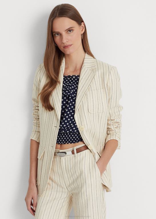 creme/raffineret navy Kvinder Ralph Lauren stribet twill blazer i hørblanding Z426B4111