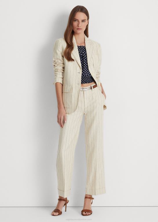 creme/raffineret navy Kvinder Ralph Lauren stribet twill blazer i hørblanding Z426B4428