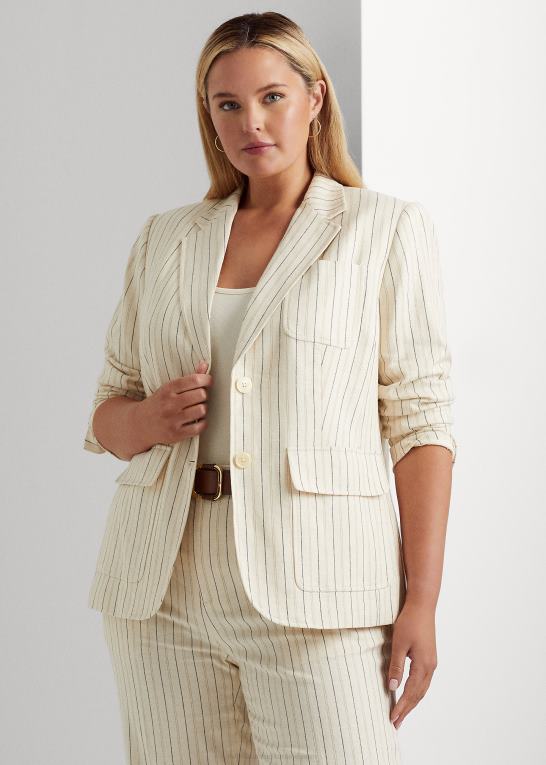 creme/raffineret navy Kvinder Ralph Lauren stribet twill blazer i hørblanding Z426B4681