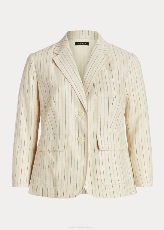 creme/raffineret navy Kvinder Ralph Lauren stribet twill blazer i hørblanding Z426B4681