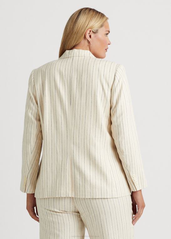 creme/raffineret navy Kvinder Ralph Lauren stribet twill blazer i hørblanding Z426B4681