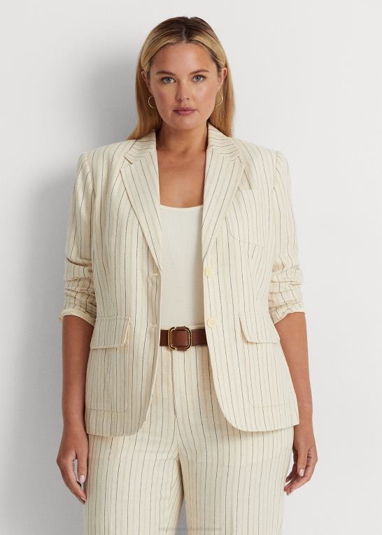 creme/raffineret navy Kvinder Ralph Lauren stribet twill blazer i hørblanding Z426B4681