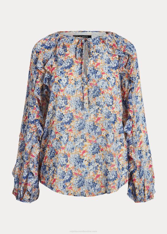 blå/pink multi Kvinder Ralph Lauren blomstret crinkle georgette bluse med bindeudskæring Z426B3984