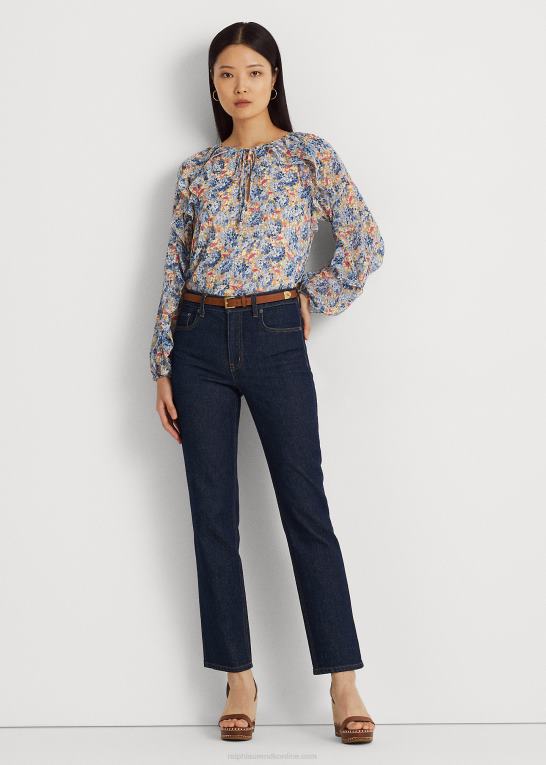 blå/pink multi Kvinder Ralph Lauren blomstret crinkle georgette bluse med bindeudskæring Z426B3984