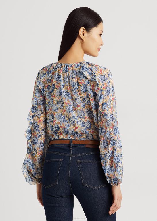 blå/pink multi Kvinder Ralph Lauren blomstret crinkle georgette bluse med bindeudskæring Z426B3984