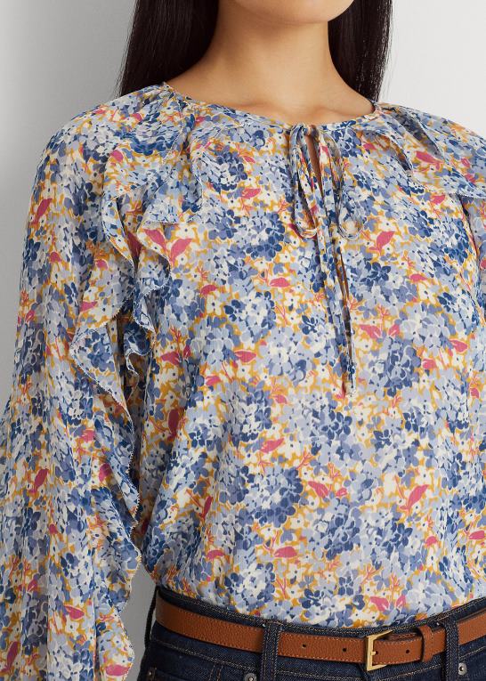 blå/pink multi Kvinder Ralph Lauren blomstret crinkle georgette bluse med bindeudskæring Z426B3984