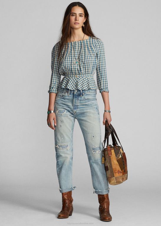 creme/blå Kvinder Ralph Lauren gingham voile peplum bluse Z426B3637