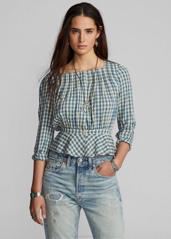 creme/blå Kvinder Ralph Lauren gingham voile peplum bluse Z426B3637