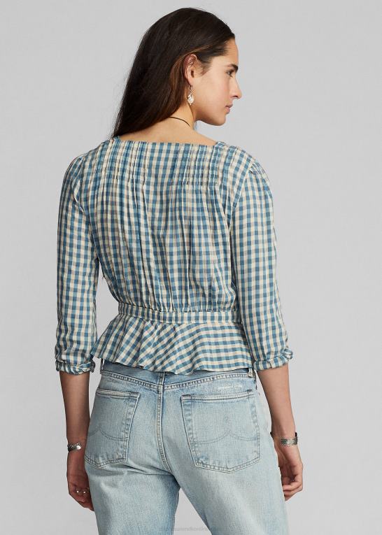 creme/blå Kvinder Ralph Lauren gingham voile peplum bluse Z426B3637