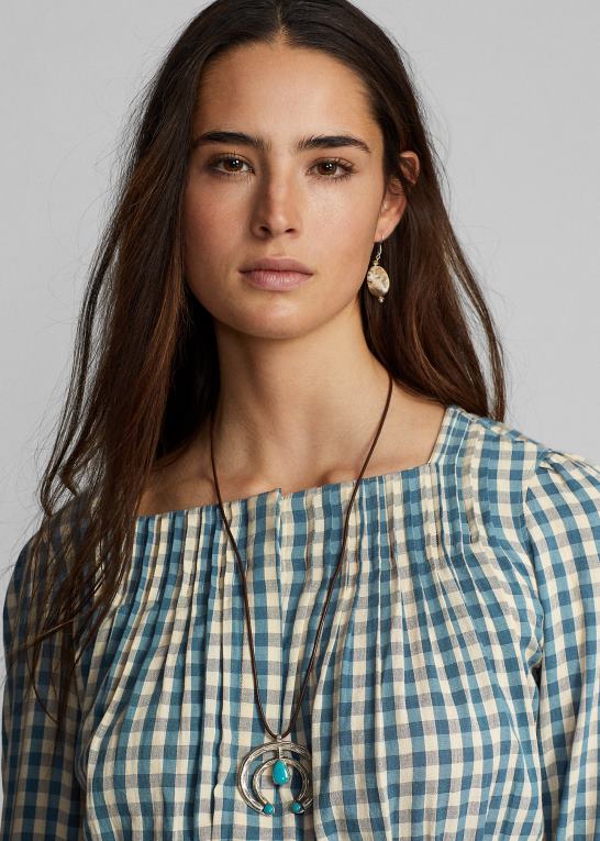 creme/blå Kvinder Ralph Lauren gingham voile peplum bluse Z426B3637