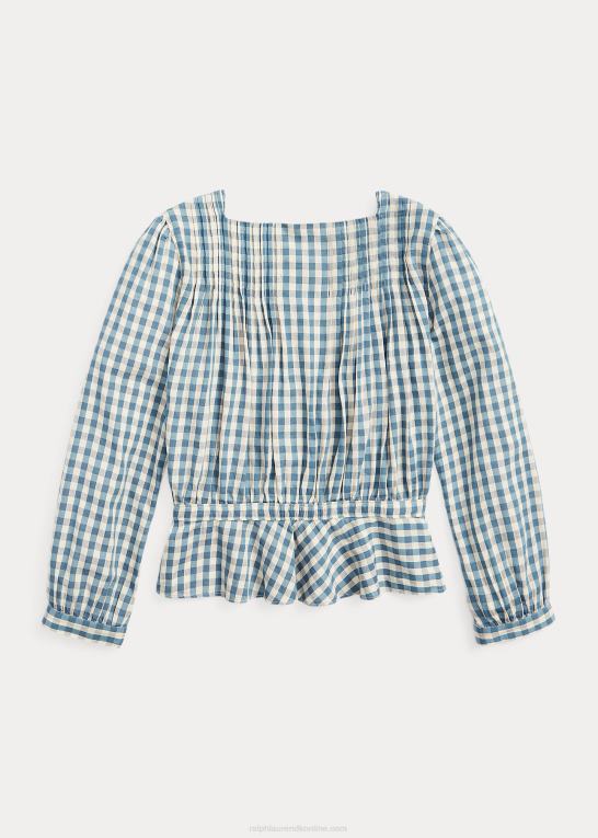 creme/blå Kvinder Ralph Lauren gingham voile peplum bluse Z426B3637