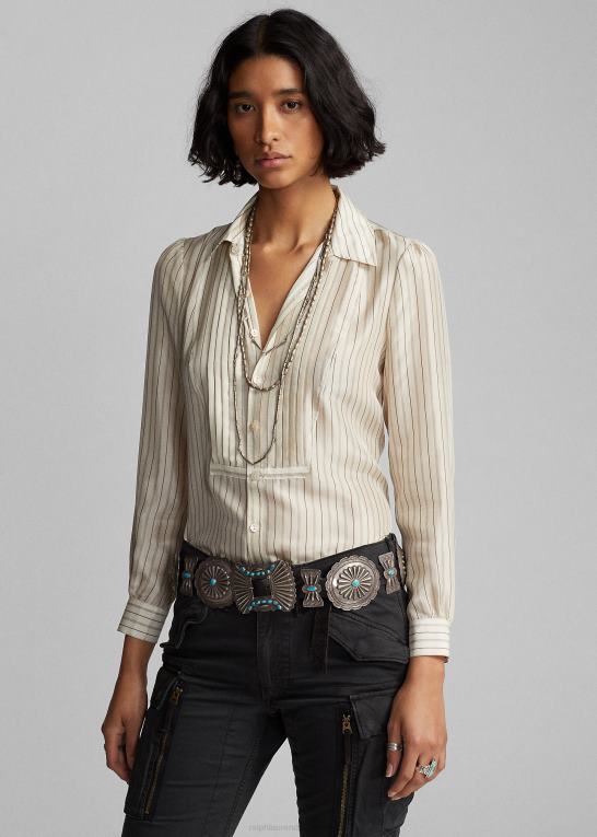 creme/sort Kvinder Ralph Lauren stribet silke tie-back bluse Z426B3633