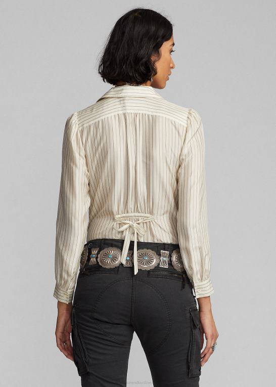 creme/sort Kvinder Ralph Lauren stribet silke tie-back bluse Z426B3633