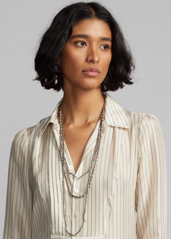 creme/sort Kvinder Ralph Lauren stribet silke tie-back bluse Z426B3633