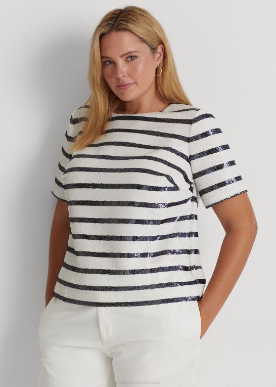 hvid/raffineret navy Kvinder Ralph Lauren stribet pailletter kortærmet bluse Z426B4798