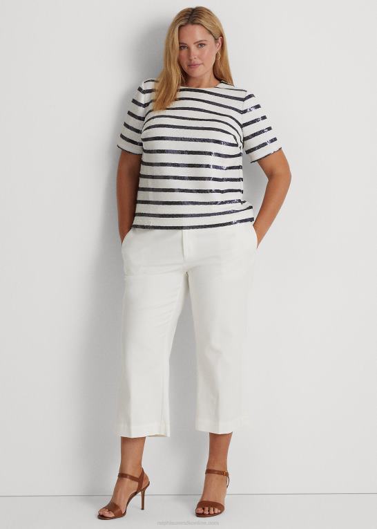hvid/raffineret navy Kvinder Ralph Lauren stribet pailletter kortærmet bluse Z426B4798