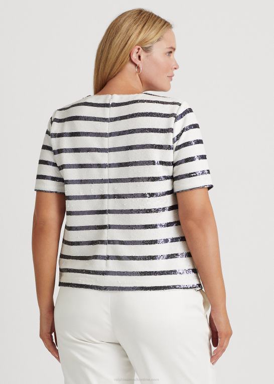 hvid/raffineret navy Kvinder Ralph Lauren stribet pailletter kortærmet bluse Z426B4798