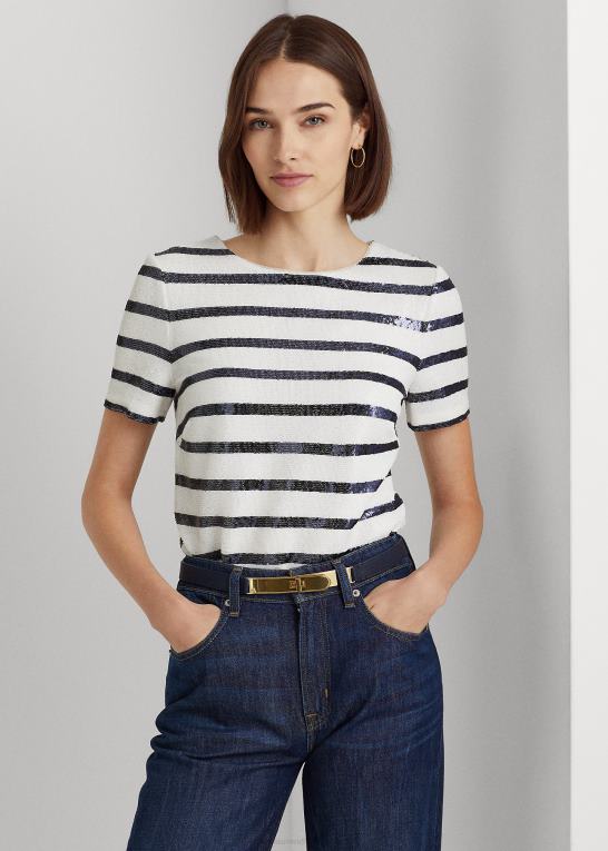 hvid/raffineret navy Kvinder Ralph Lauren stribet pailletter kortærmet bluse Z426B4846