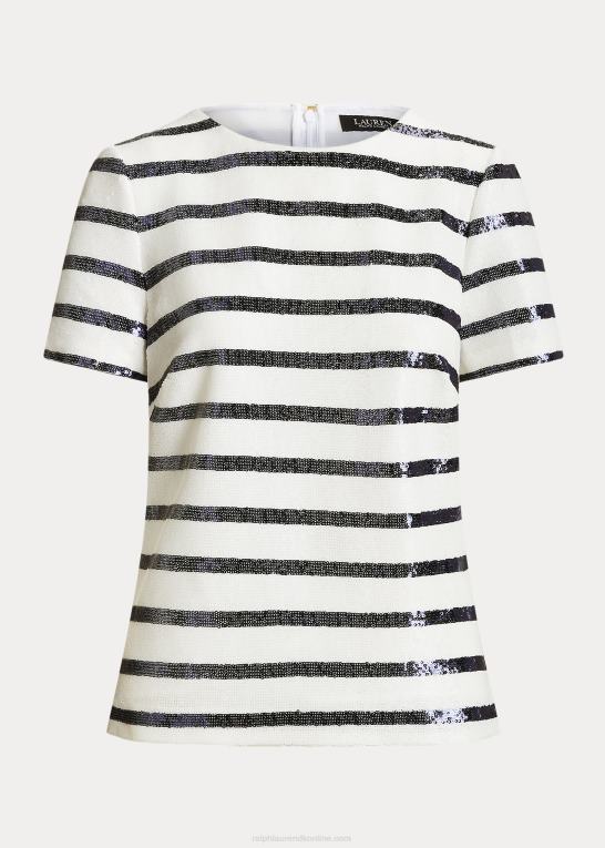hvid/raffineret navy Kvinder Ralph Lauren stribet pailletter kortærmet bluse Z426B9551