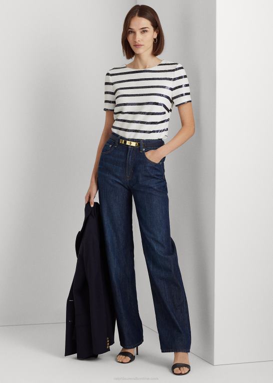 hvid/raffineret navy Kvinder Ralph Lauren stribet pailletter kortærmet bluse Z426B9551
