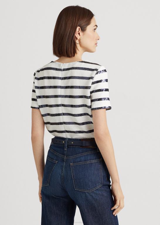 hvid/raffineret navy Kvinder Ralph Lauren stribet pailletter kortærmet bluse Z426B9551