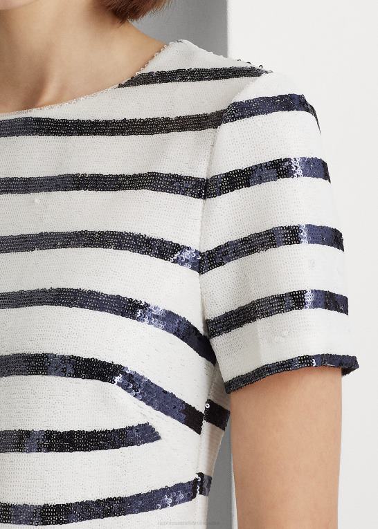 hvid/raffineret navy Kvinder Ralph Lauren stribet pailletter kortærmet bluse Z426B9551