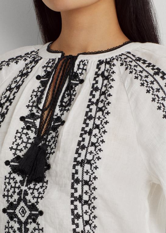 hvid sort Kvinder Ralph Lauren broderet hørbluse Z426B3869