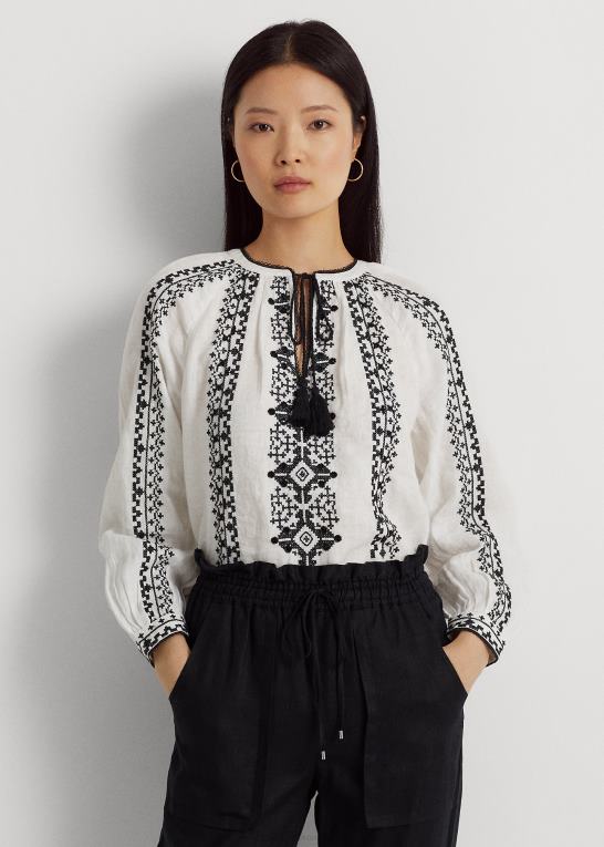 hvid sort Kvinder Ralph Lauren broderet hørbluse Z426B4318