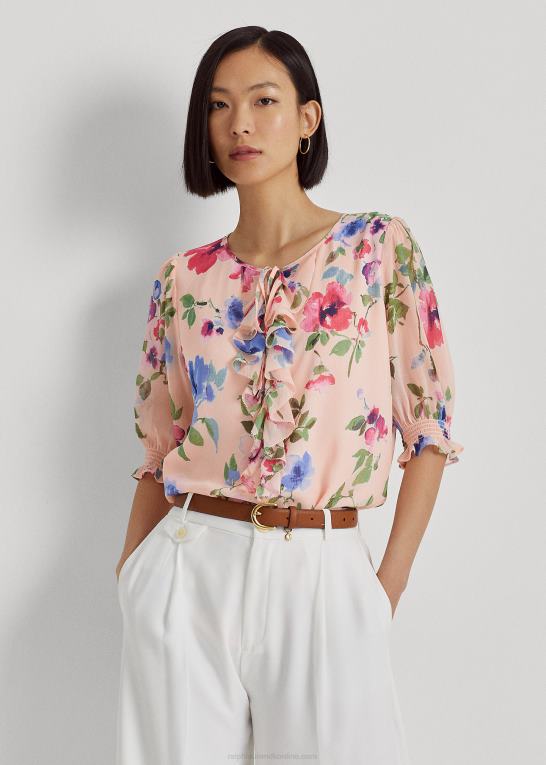 lyserød multi Kvinder Ralph Lauren blomstret crinkle georgette bluse Z426B4377