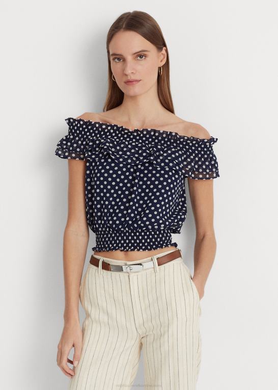 marineblå/creme Kvinder Ralph Lauren polkaprikket off-the-skulder bluse Z426B3961