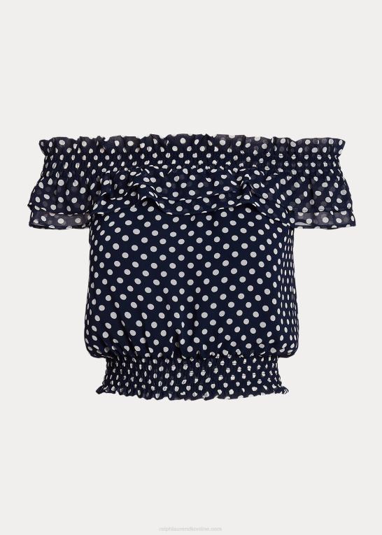 marineblå/creme Kvinder Ralph Lauren polkaprikket off-the-skulder bluse Z426B3961