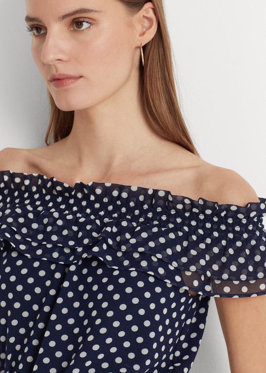 marineblå/creme Kvinder Ralph Lauren polkaprikket off-the-skulder bluse Z426B3961
