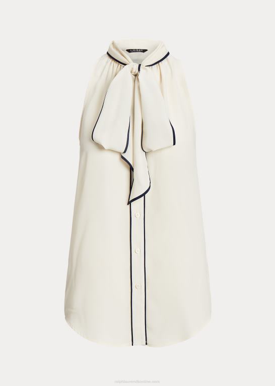 mascarpone creme/navy Kvinder Ralph Lauren crepe ærmeløs bluse med bindeudskæring Z426B4068