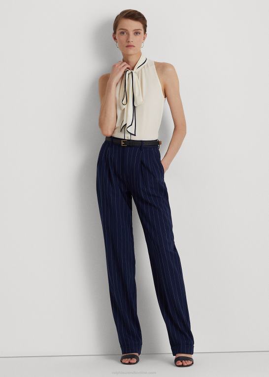 mascarpone creme/navy Kvinder Ralph Lauren crepe ærmeløs bluse med bindeudskæring Z426B4068
