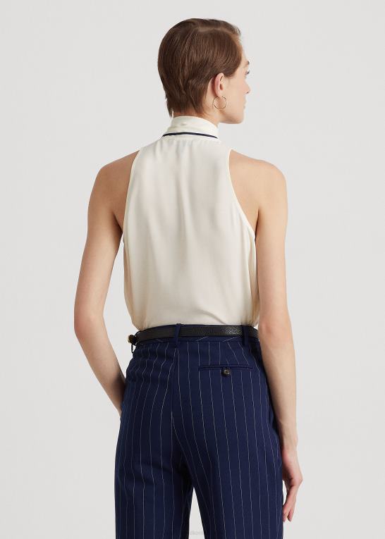 mascarpone creme/navy Kvinder Ralph Lauren crepe ærmeløs bluse med bindeudskæring Z426B4068