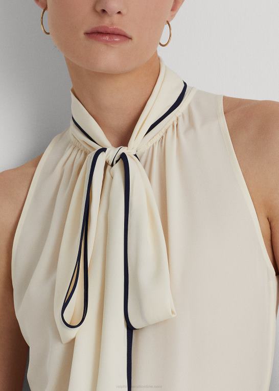 mascarpone creme/navy Kvinder Ralph Lauren crepe ærmeløs bluse med bindeudskæring Z426B4068