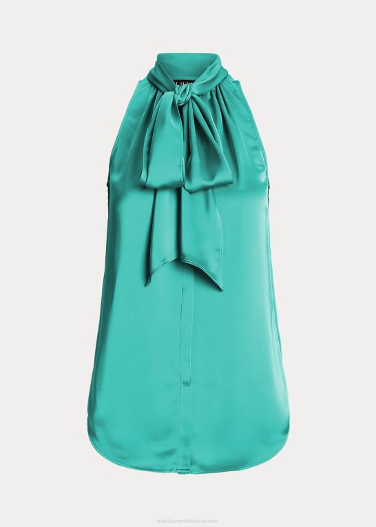 naturlig turkis Kvinder Ralph Lauren charmeuse ærmeløs bluse med bindeudskæring Z426B9525