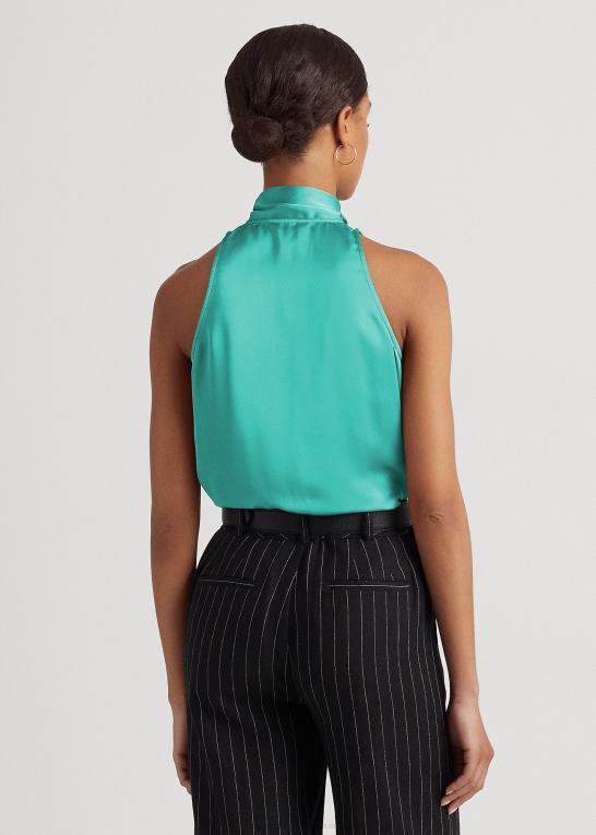 naturlig turkis Kvinder Ralph Lauren charmeuse ærmeløs bluse med bindeudskæring Z426B9525